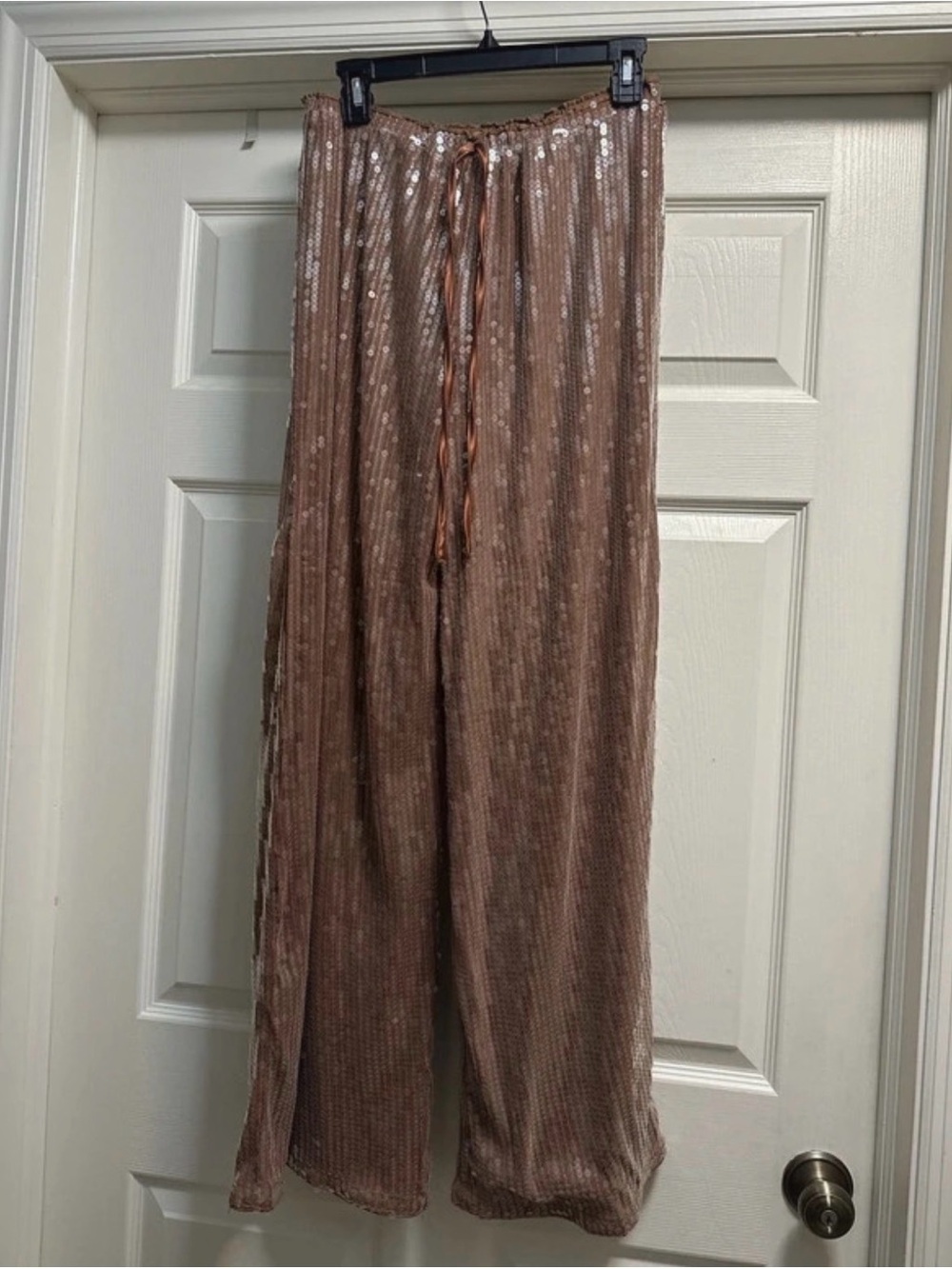 Wide-Leg Drawstring Sequin Pants in Rose Gold Size L-XL